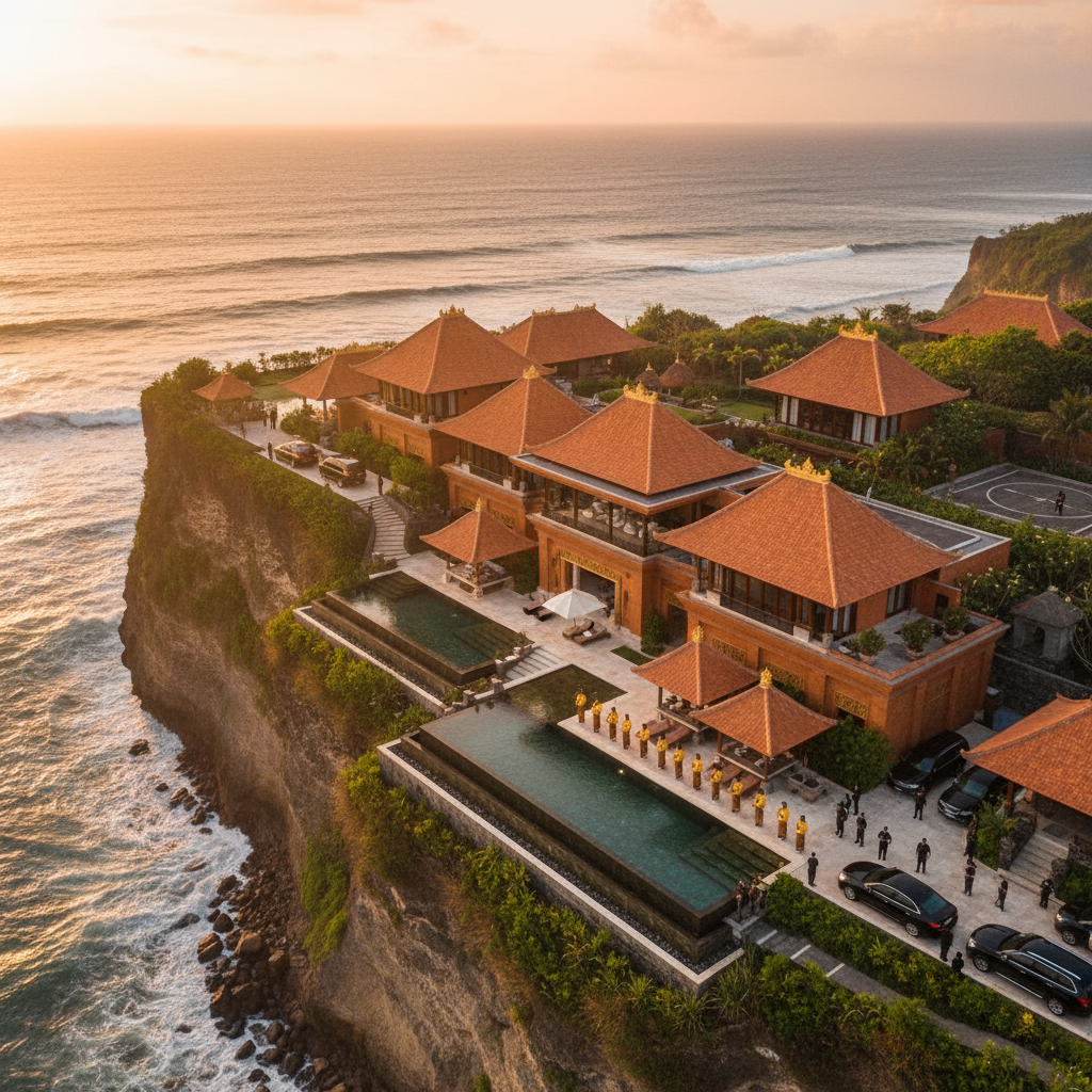 Luxury cliffside resort with traditional red