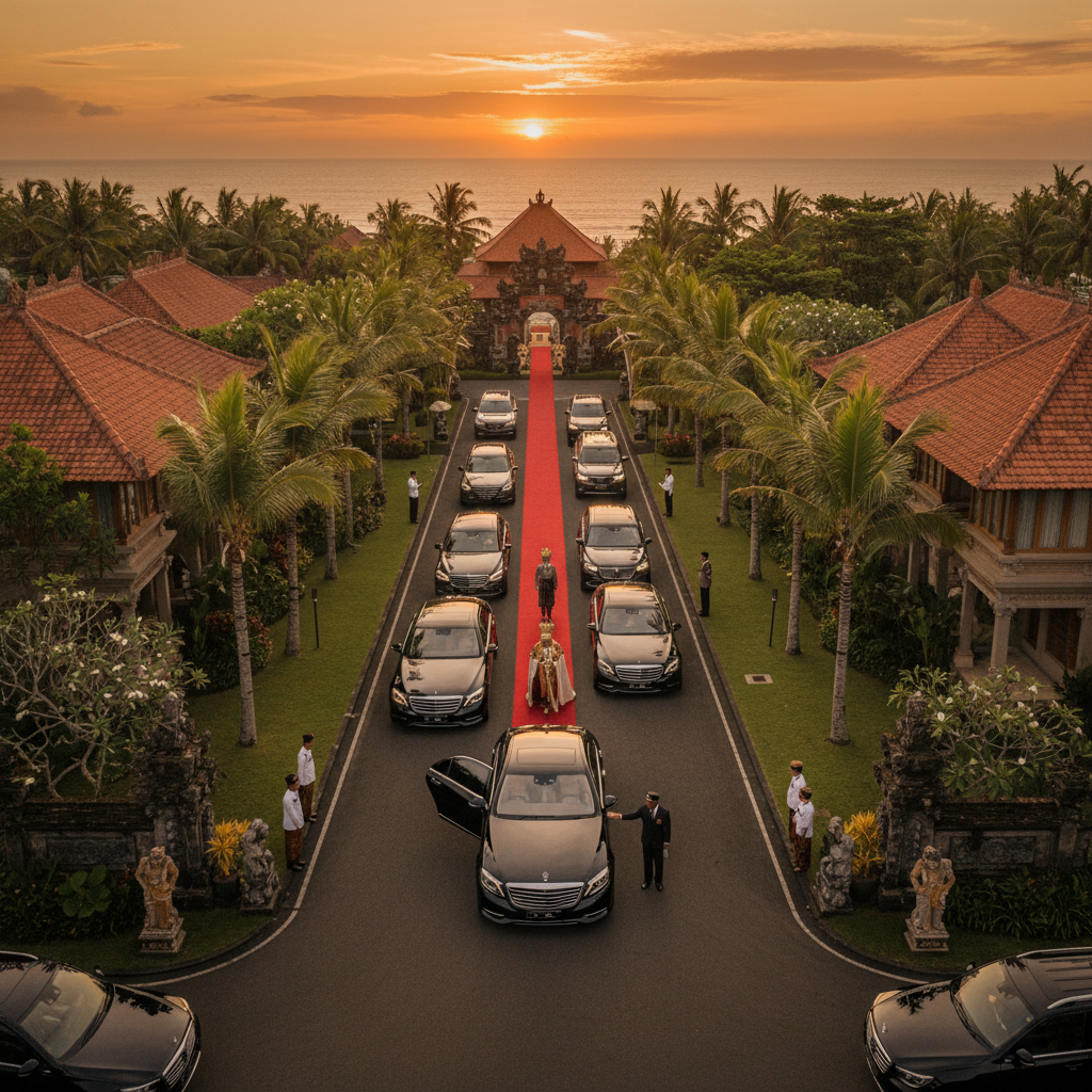A red carpet leads to a traditional Bal